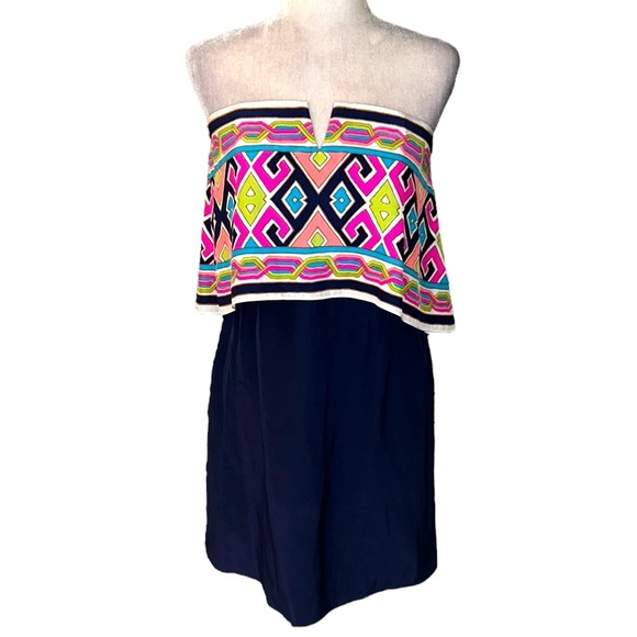 NEW Alice & Trixie Silk Blue Pink Geometric Ruffle Overlay Strapless Dress - S - Picture 1 of 10
